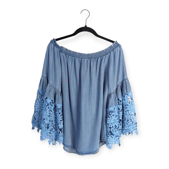 Joseph Ribkoff Blue Off The Shoulder Floral Lace Bell Sleeve Tencel Blouse Sz 12 - Picture 4 of 10